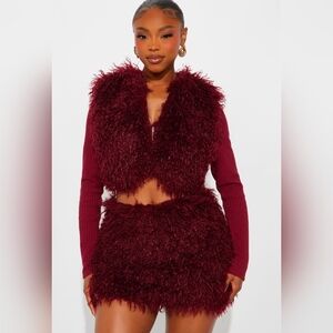 NEW  Burgundy Cardigan Skirt Faux Fur Set